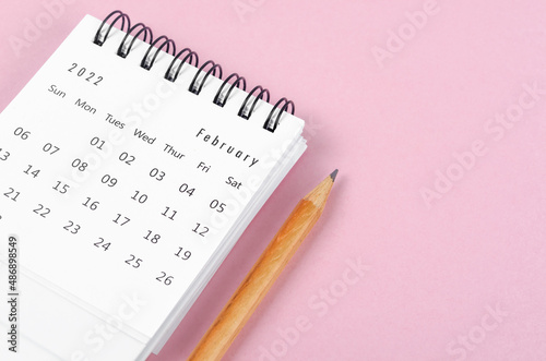 February 2022 desk calendar with wooden pencil on pink background.