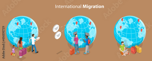 3D Isometric Flat Vector Conceptual Illustration of International Migration, Expat Work