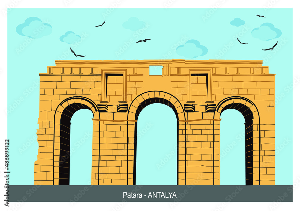 Obraz premium Ruins of the ancient Lycian city Patara, Ancient city entrance door. Patara was at the Lycia (Lycian) League's capital. Antalya, TURKEY. Eps vector design