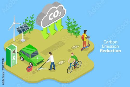 3D Isometric Flat Vector Conceptual Illustration of Carbon Emission Reduction, Alternative Energy Usage to Eliminate Environment Danger