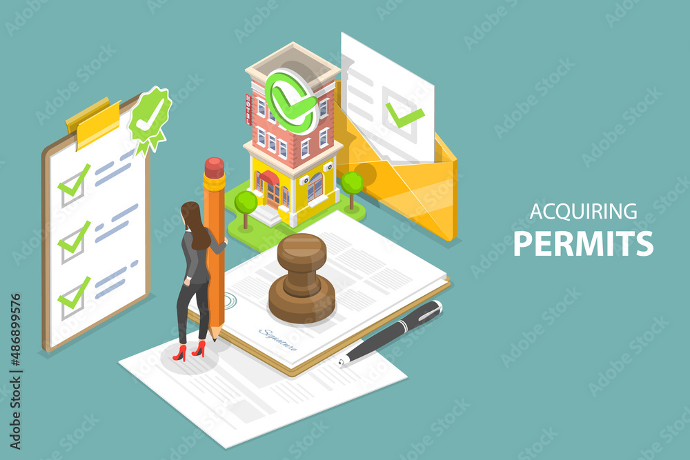 3D Isometric Flat Vector Conceptual Illustration of Acquiring Permits, Obtaining License - obrazy, fototapety, plakaty 