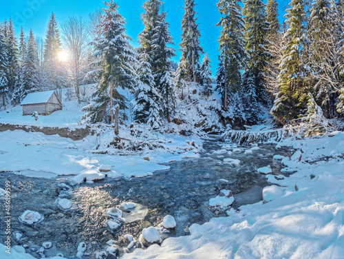 Fir trees covered with snow and stream with icy edge. Beautiful winter background.