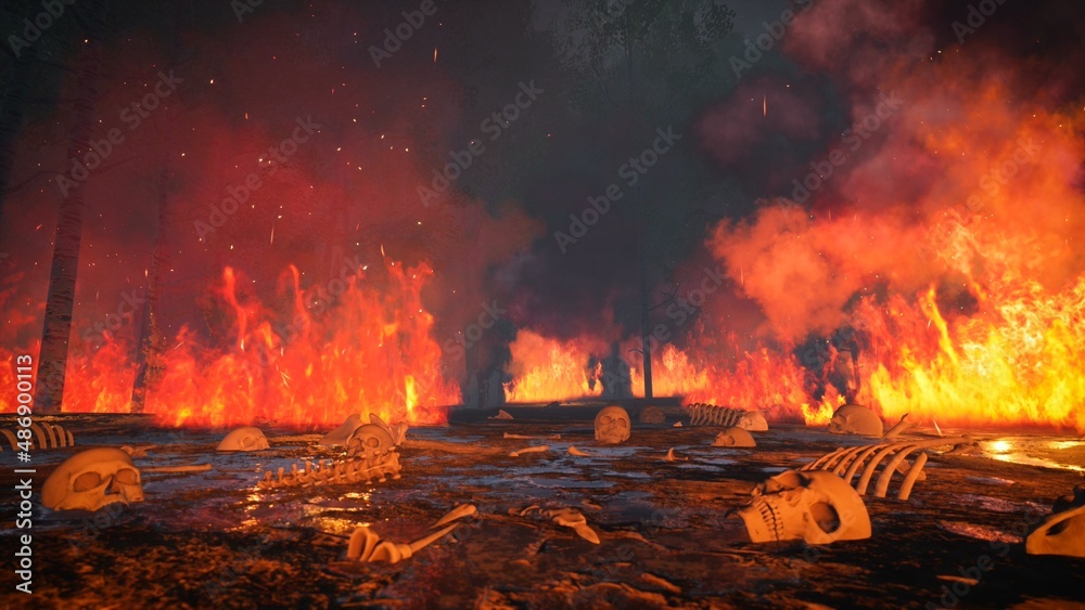 Human Bones in the Burning Forest Ground 3D Rendering
