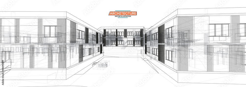 Architecture, great design for any purposes. 3d illustration architecture urban city modern building perspective abstract background. Urban building vector illustration.