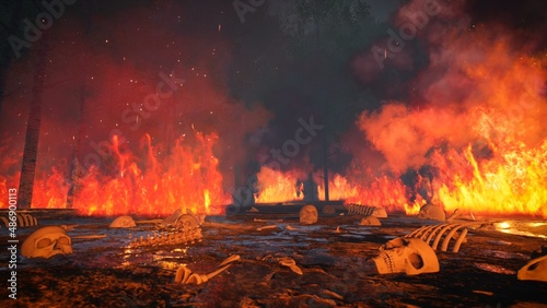 Human Bones in the Burning Forest Ground 3D Rendering