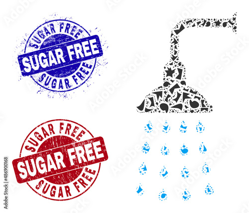 Round SUGAR FREE grunge stamp seals with tag inside round shapes, and shard mosaic shower icon. Blue and red stamp seals includes SUGAR FREE tag. Shower collage icon of spall elements.