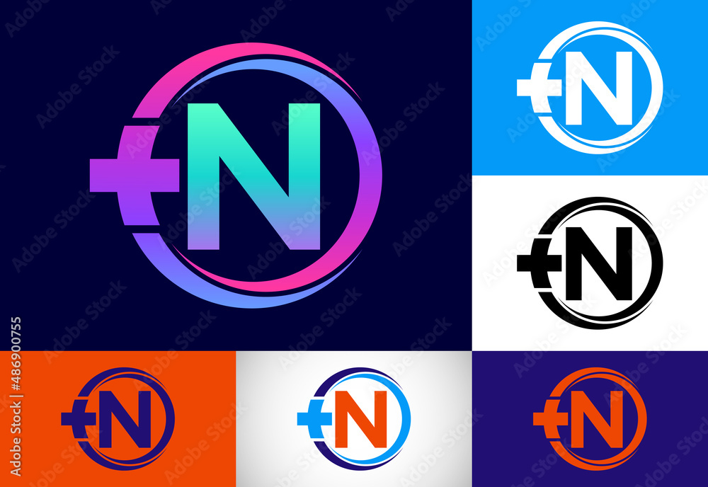 Initial N monogram in a circle with cross plus. Medical logo. Logo for pharmacy, clinic business. Initial N monogram in a circle with cross plus. Medical logo. Logo for pharmacy, clinic business.