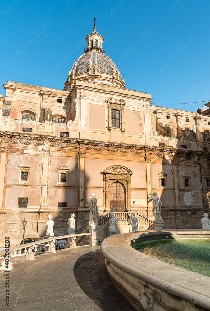 The Saint Catherine church with Pretoria fountain in Palermo, Sicily, Italy