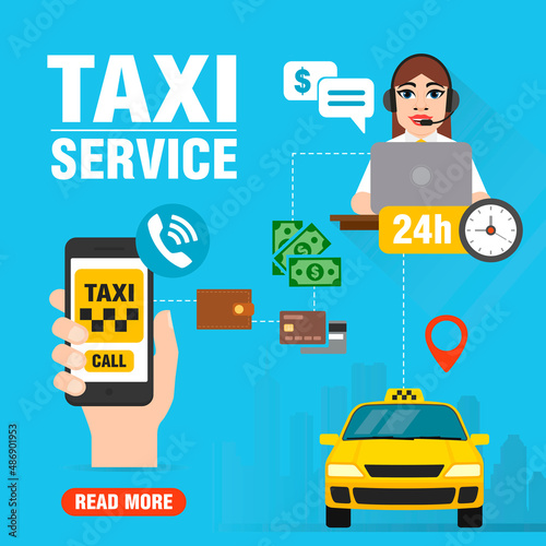 Online taxi service concept design flat with taxi dispatcher. Yellow taxi car, hand holding smartphone with taxi application