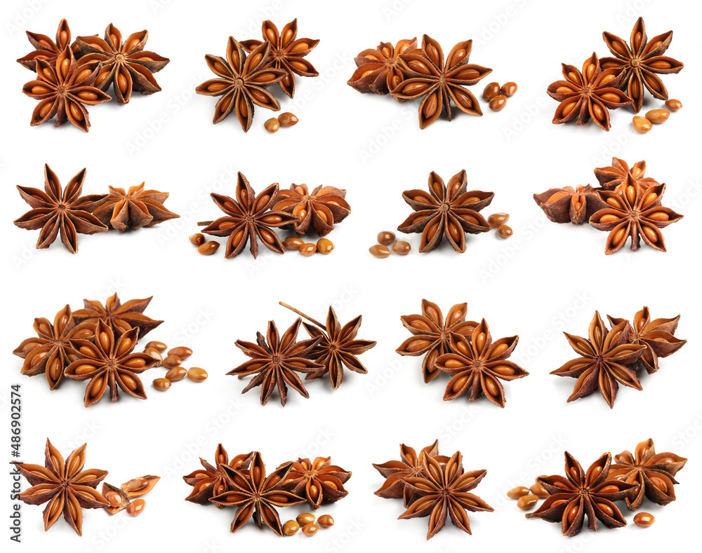 Set with dry anise anise stars on white background Set with dry anise anise stars on white background