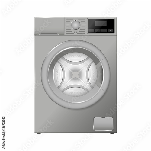 Washing machine mockup. Flat design. Modern laundromat, 3d laundry, washing appliance for household chores. Vector bathroom equipment for cloth washing.