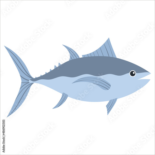 Beautiful cartoon illustration with colorful sea animals tuna on white background for print design. Kid graphic. Sea underwater life. Vector isolated hand drawing.