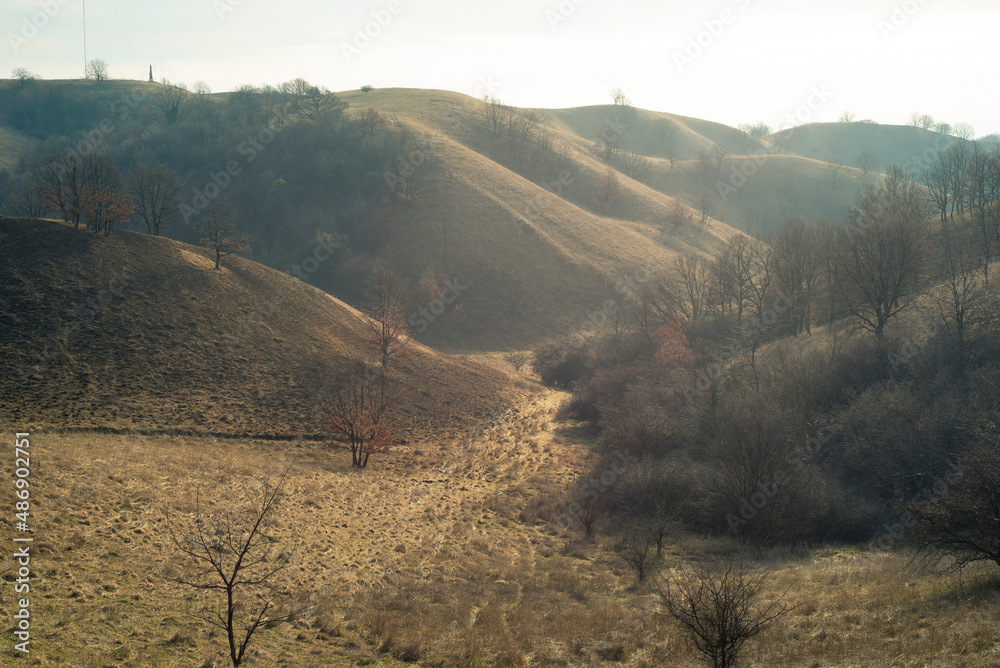 Beautiful hazy morning and hilly landscape, Zagajicka brda, Deliblatska pescara, Serbia - obrazy, fototapety, plakaty 
