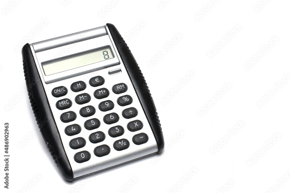 Closeup small calculator silver black white background Closeup small calculator silver black white background