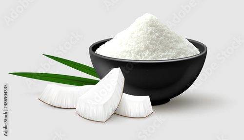 Realistic vector illustration of coconut flakes in a black bowl, three pieces of coco and palm leaves. Isolated on gray background. Side view. 