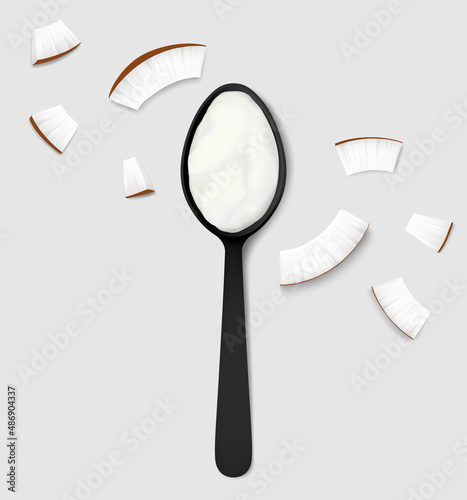 Coconut oil in a black spoon with scattered coco pieces isolated on gray background. Top view. Realistic vector illustration.