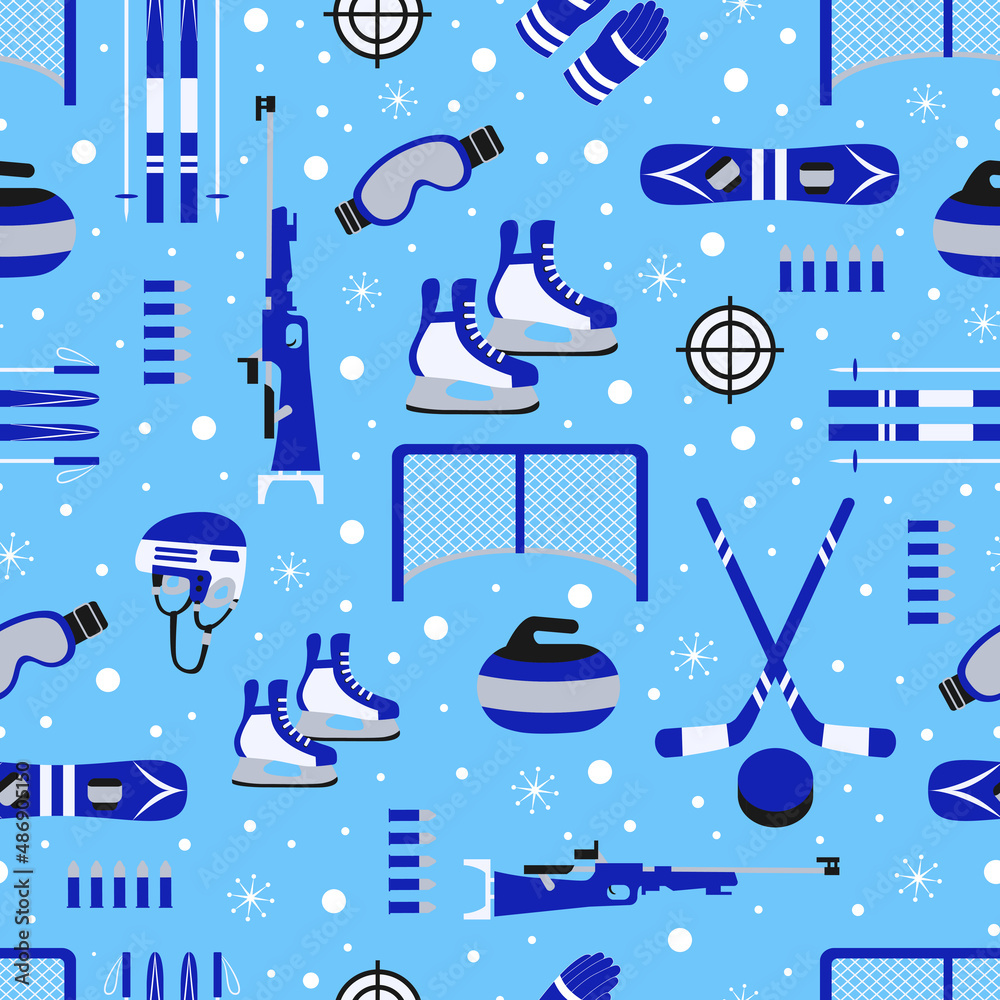 Winter sports seamless pattern vector illustration. Wintery outdoors background. Sporting equipment repeated texture. Ice hockey, skating, skiing snowboarding wallpaper for wrapp paper, clothes print
