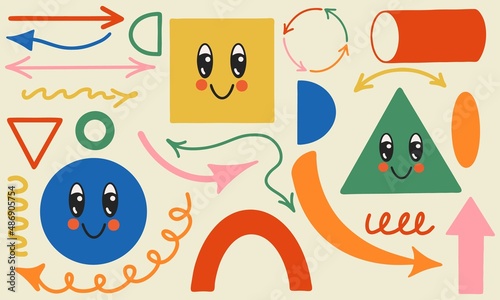 Big set of different bright geometric shapes and arrows with face emotions. Hand drawn fashion vector illustration for kids. Cute funny characters. All elements are insulated