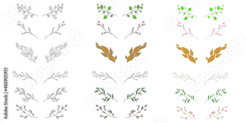 Set of tree branches for logo or web design floral elements illustration. Hand drawn vector line botanical collection of illustration. Sketch and coloured picture.
