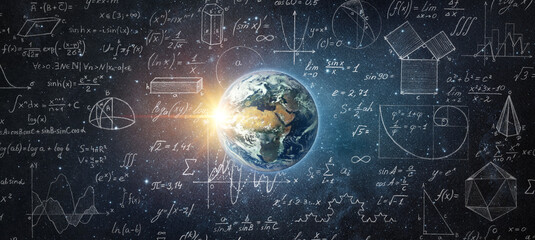 Mathematical and physical formulas against background of a Earth in universe. Space Background on theme of science and education. Elements of this image furnished by NASA.