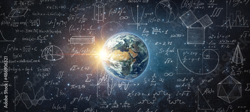 Mathematical and physical formulas against background of a Earth in universe. Space Background on theme of science and education. Elements of this image furnished by NASA. photo