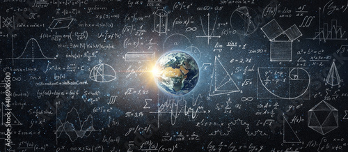 Obraz na plátně Mathematical and physical formulas against background of a Earth in universe