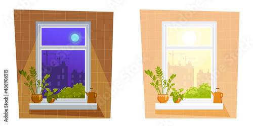 Day and night.  Window overlooking the city.  Urban landscape.  Flat cartoon style vector illustration.