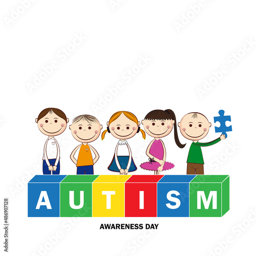 Autism awareness day. Illustration of happy children receiving support, acceptance and love