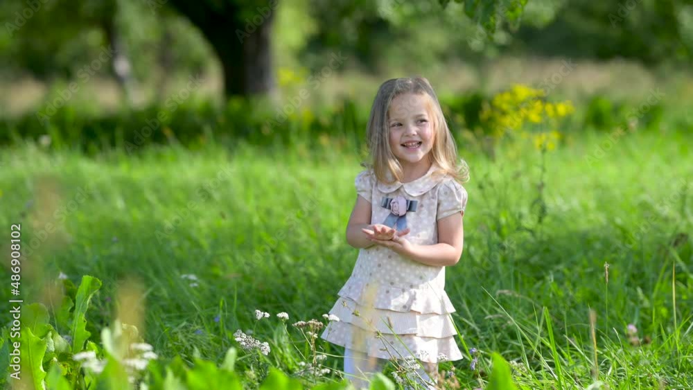 Cute little girl in a dress walks Outdoors in a green park. Happy Child Smiling Looking Camera. Summer vacation in nature. children, emotions. Cute little girl in a dress walks Outdoors in a green park. Happy Child Smiling Looking Camera. Summer vacation in nature. children, emotions.