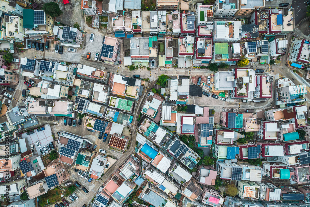 Amazing drone view of the colorful old village in Sai Keng, Hong Kong