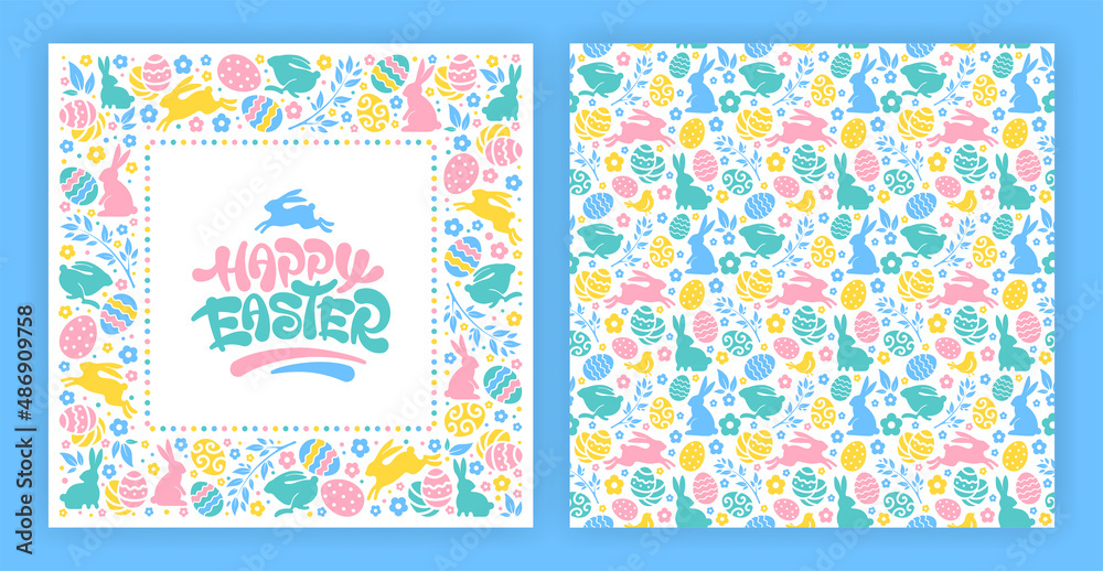 Set of square frame and seamless pattern for Easter celebration. Cute design elements with bunny, coloured eggs and flowers. Front and back side of greeting card. Vector illustration.