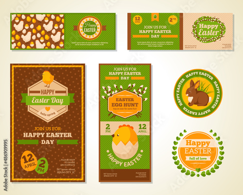 Vintage Happy Easter Greeting Cards Design. Vector Illustration. Retro Banners with Pattern. Easter Rabbit Frame. Easter Egg Hunt Flyer with Willow Frame and Chicken.