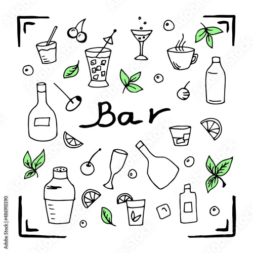 Simple hand-drawn vector set of bar design elements. Alcoholic drinks, bottles of liquor, glass of champagne, cocktail, green mint leaves. Black outline on a white background.
