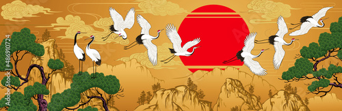 Horizontal landscape with Japanese cranes and pines