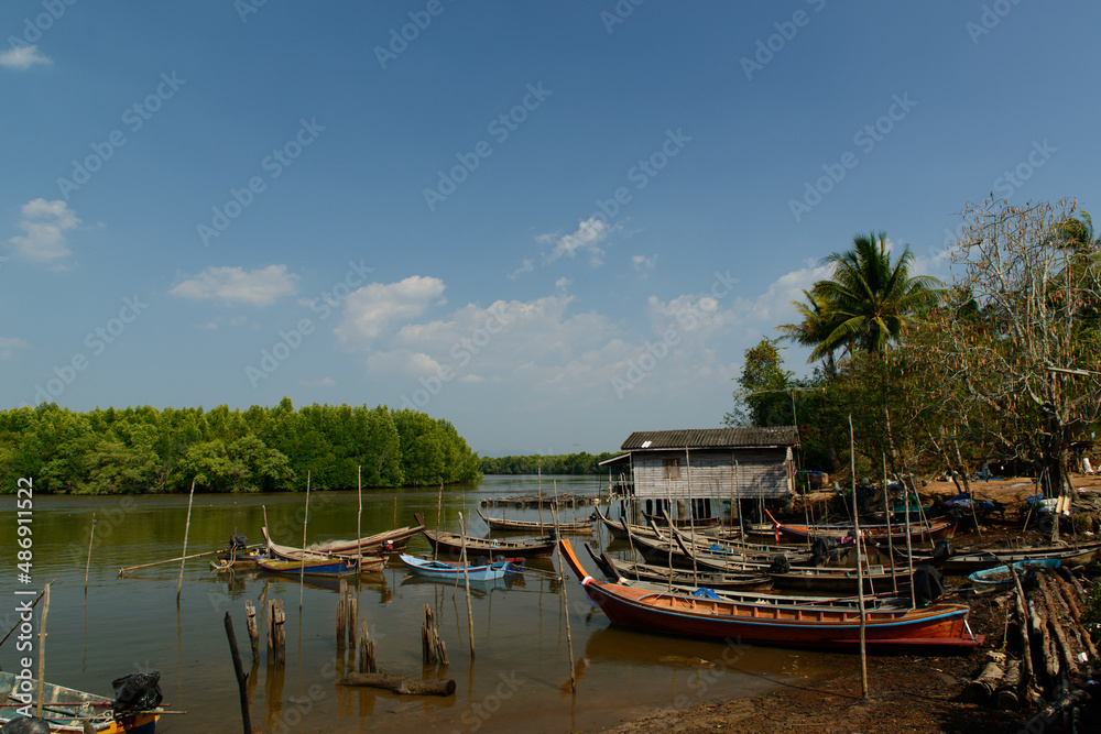 Many Thai wooden head long tails and small Thai traditional fishing boats anchored in the canal with mangrove at Ao Luek District, Krabi, Thailand.