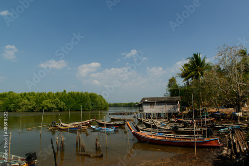 Many Thai wooden head long tails and small Thai traditional fishing boats anchored in the canal with mangrove at Ao Luek District  Krabi  Thailand.