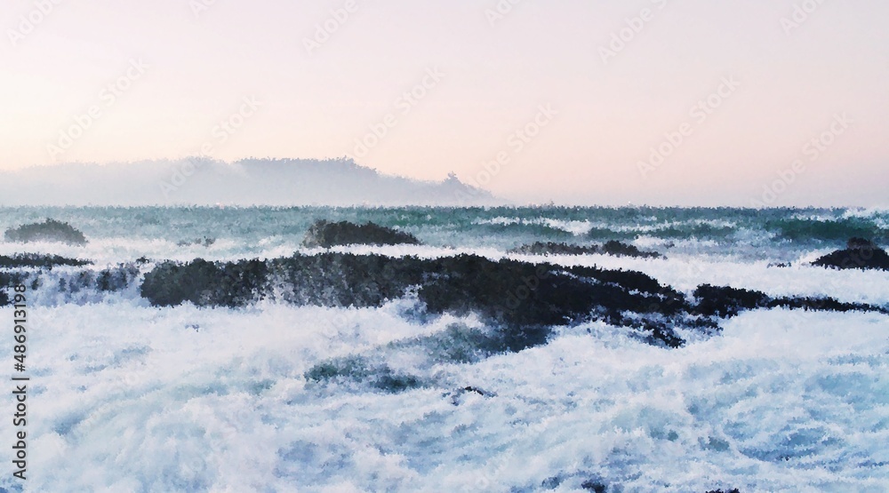 Seascape with a rocky coastline and Table Mountain in the background Impression