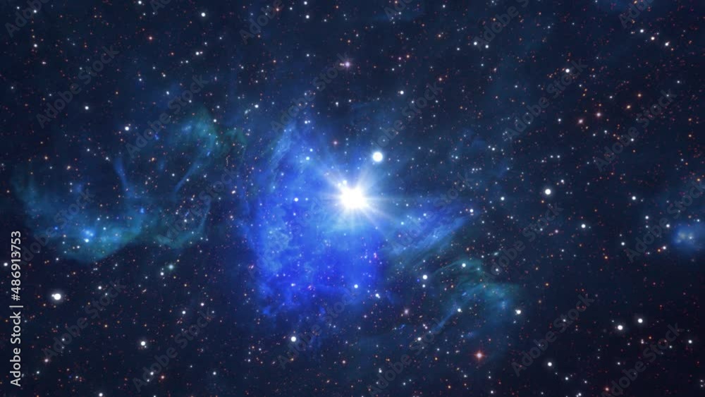 Loopable, smooth, slow flight through the vast expanses of deep space, through galaxies and constellations to a twinkling bright star. Looped seamlessly repeating animation. Blue abstract background