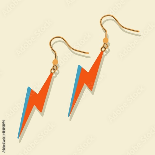 Earrings, women's accessory in retro style, lightning shaped jewelry, isolated objects. Feminine design, vintage outfit element. Flat design, cartoon, vector illustration.