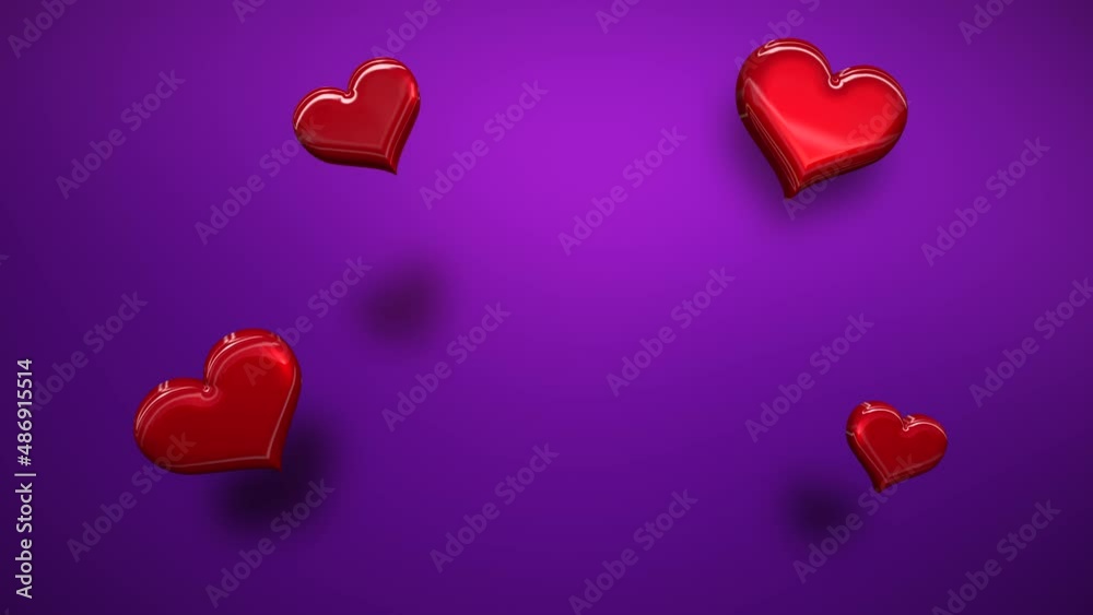 Red hearts on purple background, motion holidays, romantic and Valentines style background