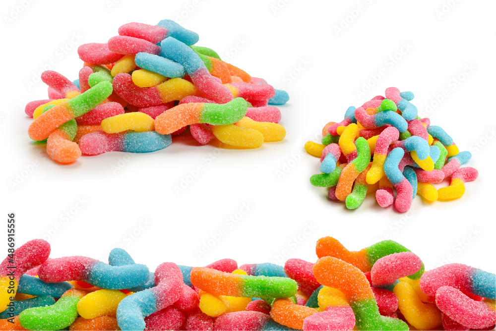 Juicy colorful jelly sweets isolated on white. Gummy candies. Snakes. Juicy colorful jelly sweets isolated on white. Gummy candies. Snakes.