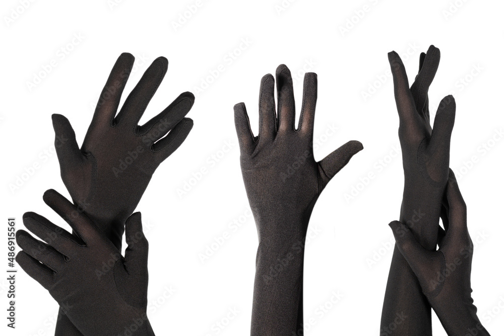 Woman in long black gloves wantingor asking for something isolated on a white background .
