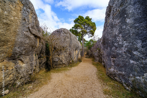 Large limestone rocks in the forest of the Enchanted City of Cuenca, Spain.