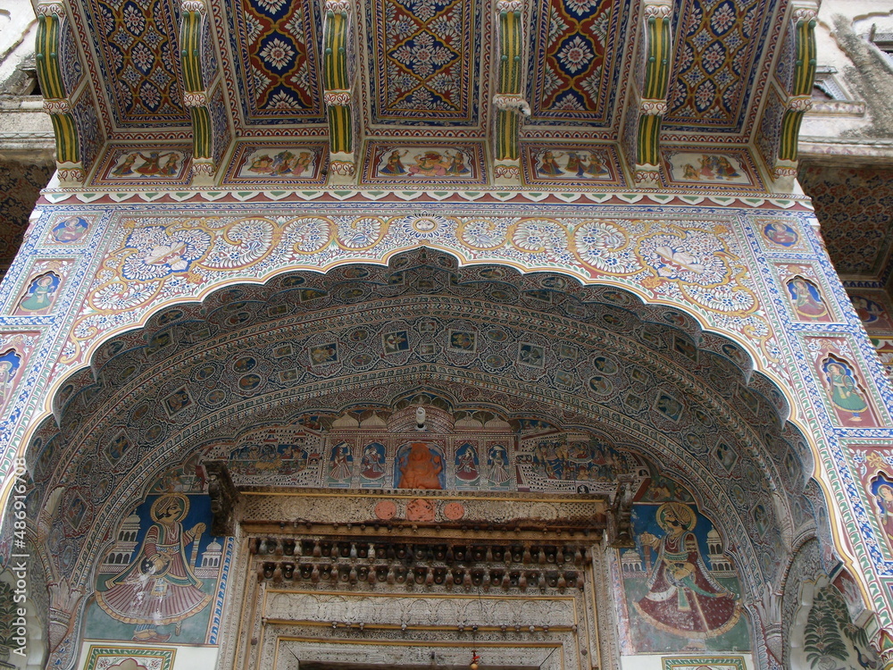 Mandawa, Rajasthan, India, August 11, 2011: Upper part of the entrance of an ancient palace or haveli in Mandawa, Rajasthan, India