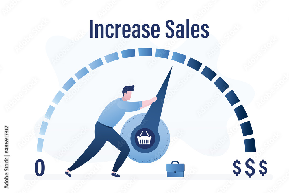 Increasing sales. Sale volume increase make business grow, finance concept. Boost your income. Hand is pulling to maximum position progress bar with shopping basket.