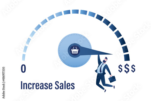 Increasing sales. Sale volume increase make business grow, finance concept. Boost your income. Happy businessman pulls to maximum position progress bar with shopping basket.
