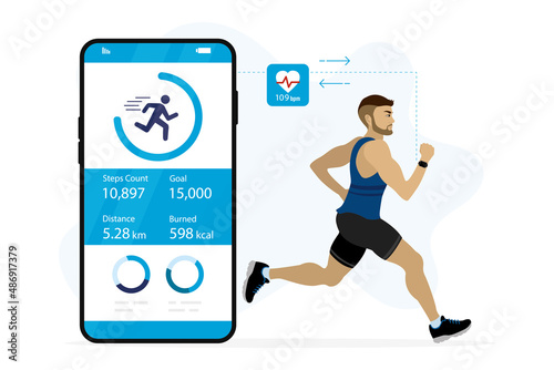 Strong man is jogging. Synchronization of mobile phone and smart watch, counting chances, calories and heart rate. Healthy lifestyle and new technologies. Cell Phone with icons. Vector illustration