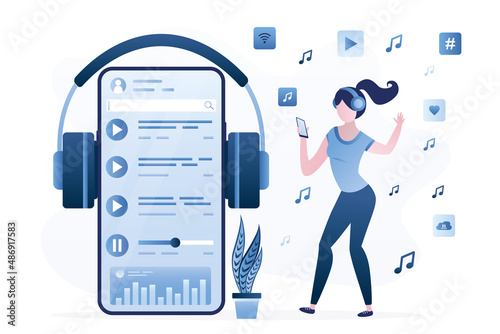 Woman wearing headphones, enjoying playlist, listening to music on cellphone. Entertainment, audio app, multimedia content. Live radio stream, podcast. Female character dancing.