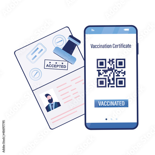Open paper passport with stamp - accepted, visa approved. Smartphone with Qr code, Covid-19 vaccination certificate. Coronavirus prevention. New normal for travels. Mobile control technology.