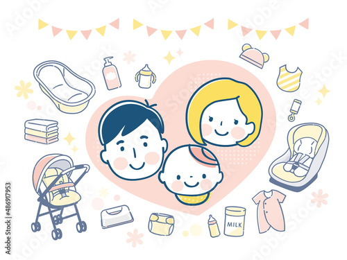 出産準備のイメージのイラスト素材と笑顔の親子